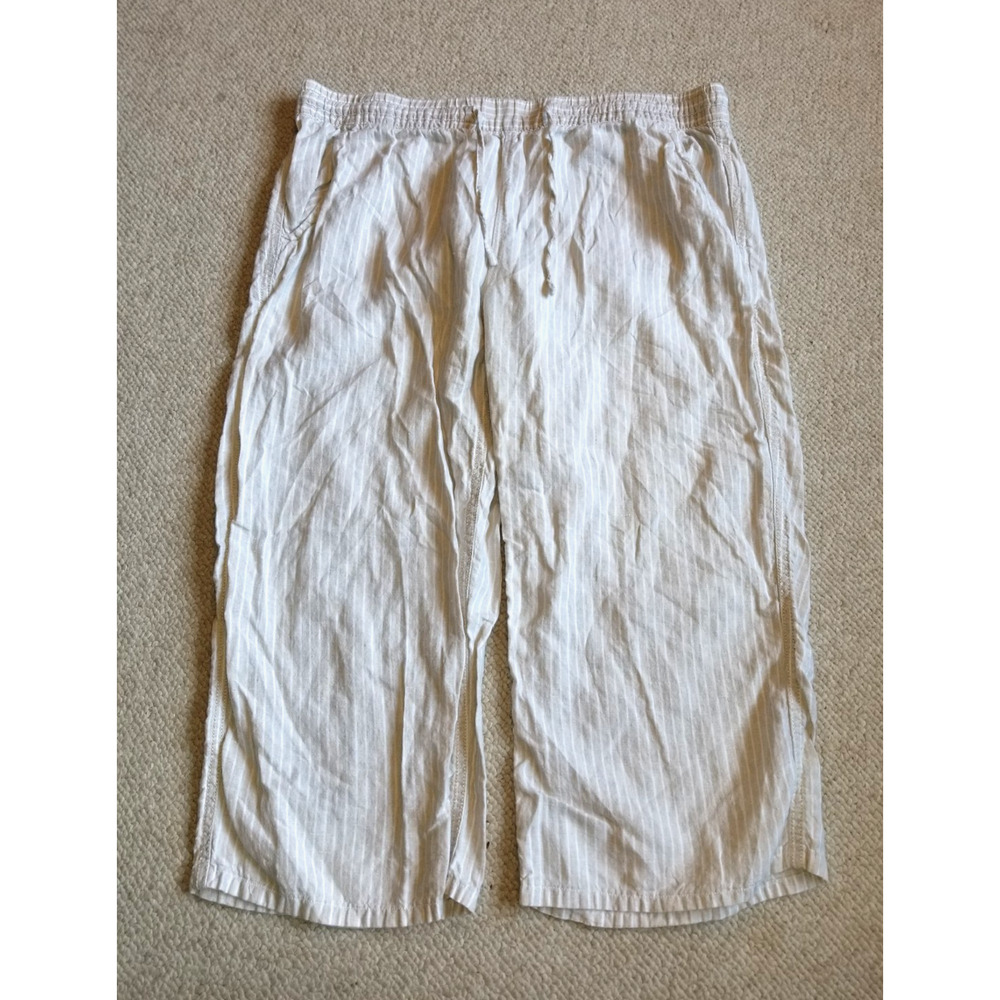 Womens Pants-L.L. BEAN-beige/white striped linen pull-on cropped beachy-16P